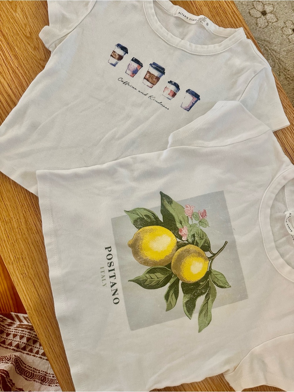 Altar'd State Pair White Short Sleeve Tees with Lemon Graphic/coffee +kindness